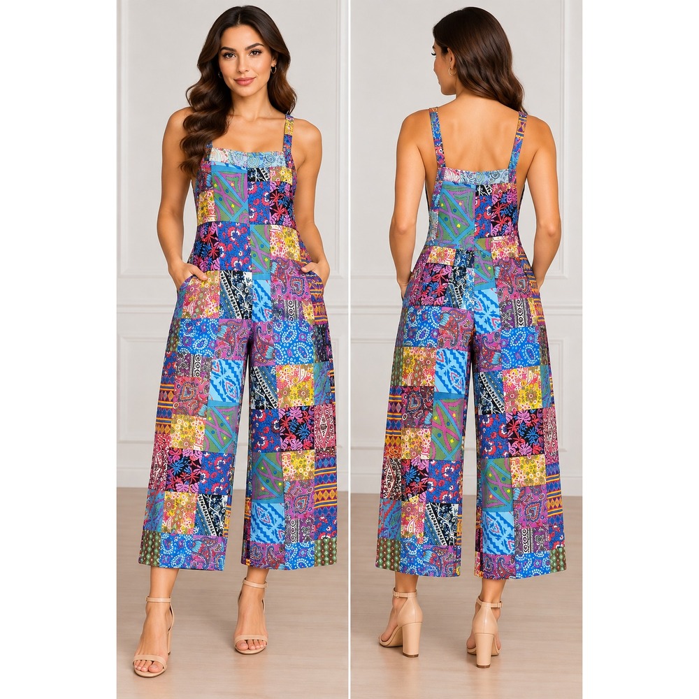 Unbranded Patchwork Jumpsuit Women XXL Multi Color Excellent Wide Leg Cotton